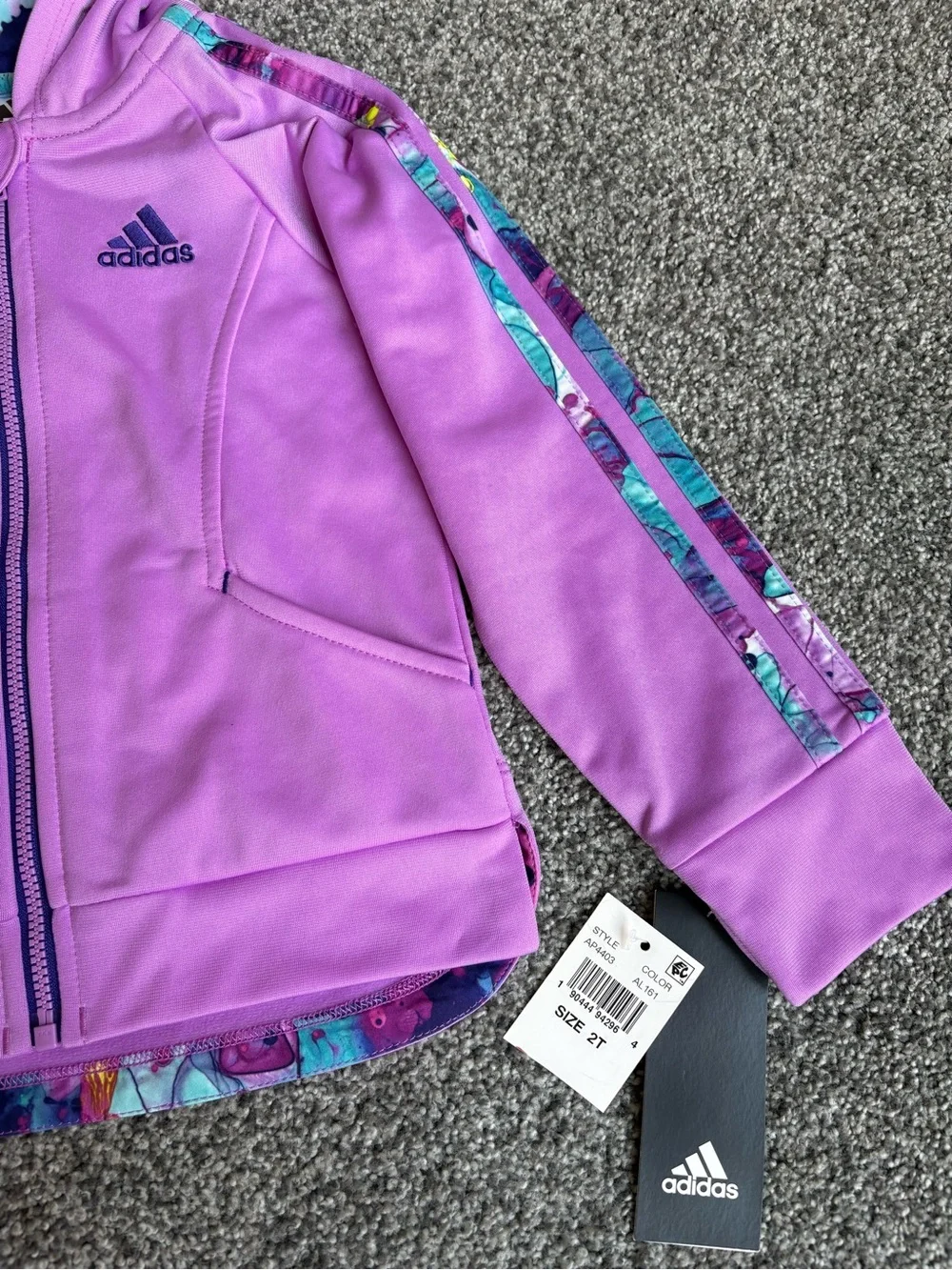 NWT Adidas 2T Girls' Long-Sleeve Full-Zip Purple Tricot Jacket Printed Stripes